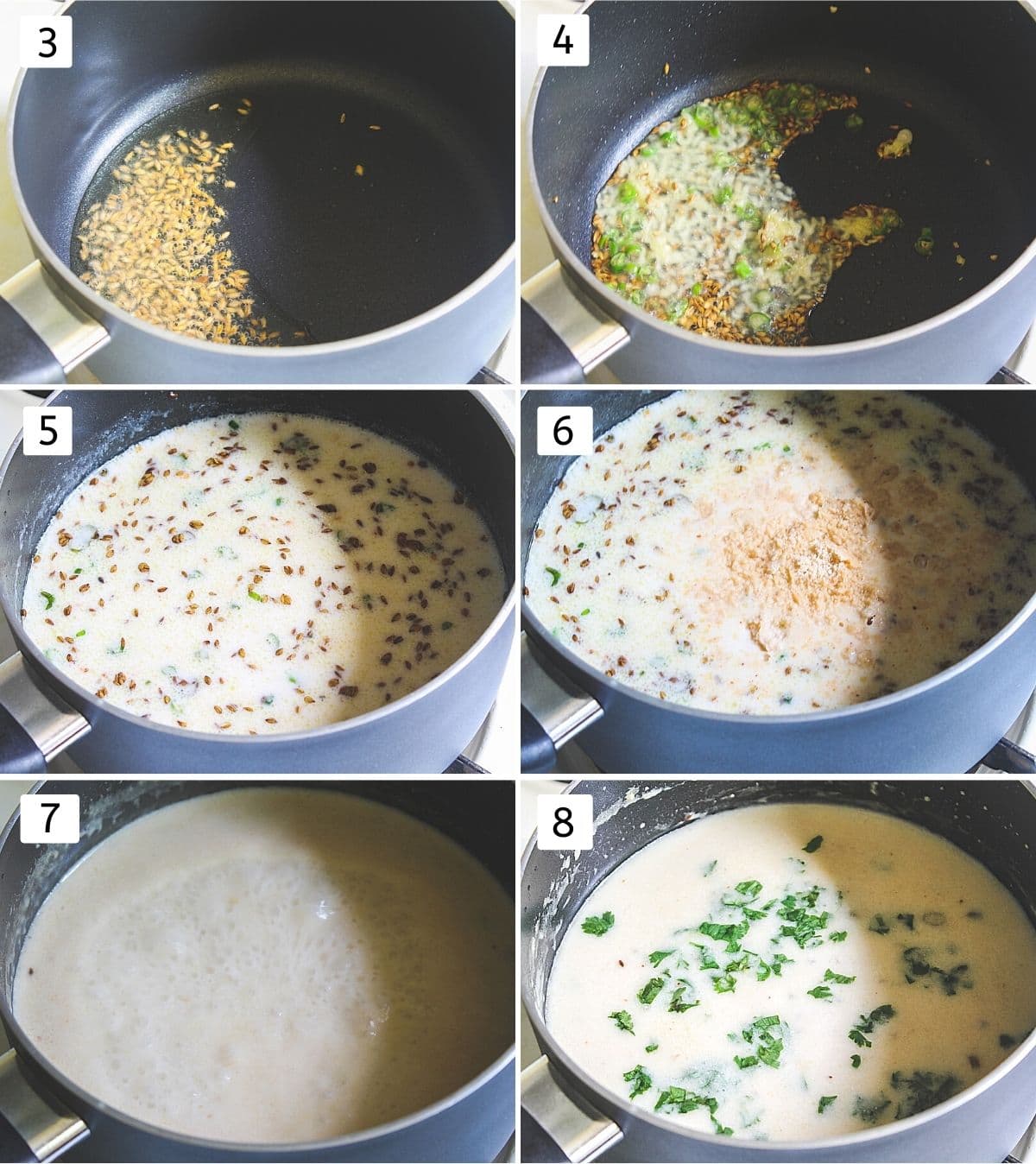 collage of 6 images showing sizzling cumin seeds, adding green chilies, add yogurt-flour mixture, adding peanuts, simmering, garnished with cilantro