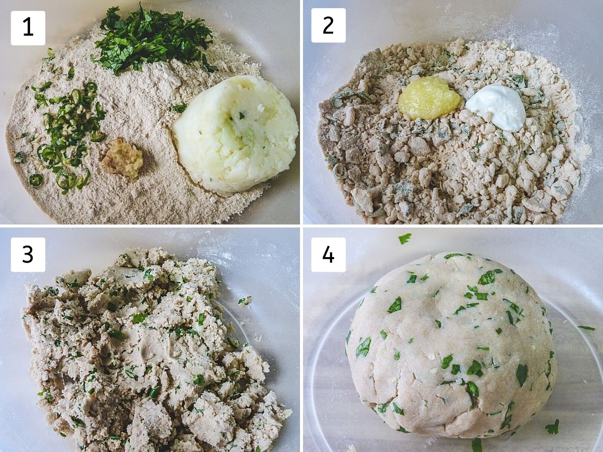 Collage of 4 steps showing dough ingredients in a bowl, adding ghee and yogurt, mixing, making a dough ball.