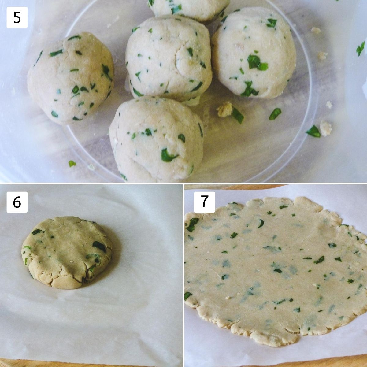 Collage of 3 images showing 5 dough balls in a bowl, a small ball on parchment paper, rolled roti.