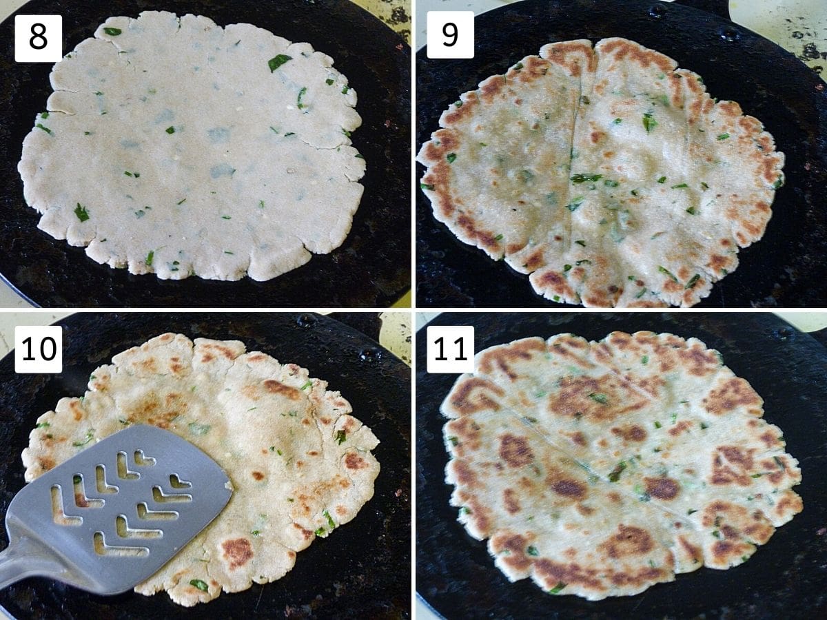 Collage of 4 steps showing paratha on tawa, flipped, pressing with spatula and ready rajgira paratha.