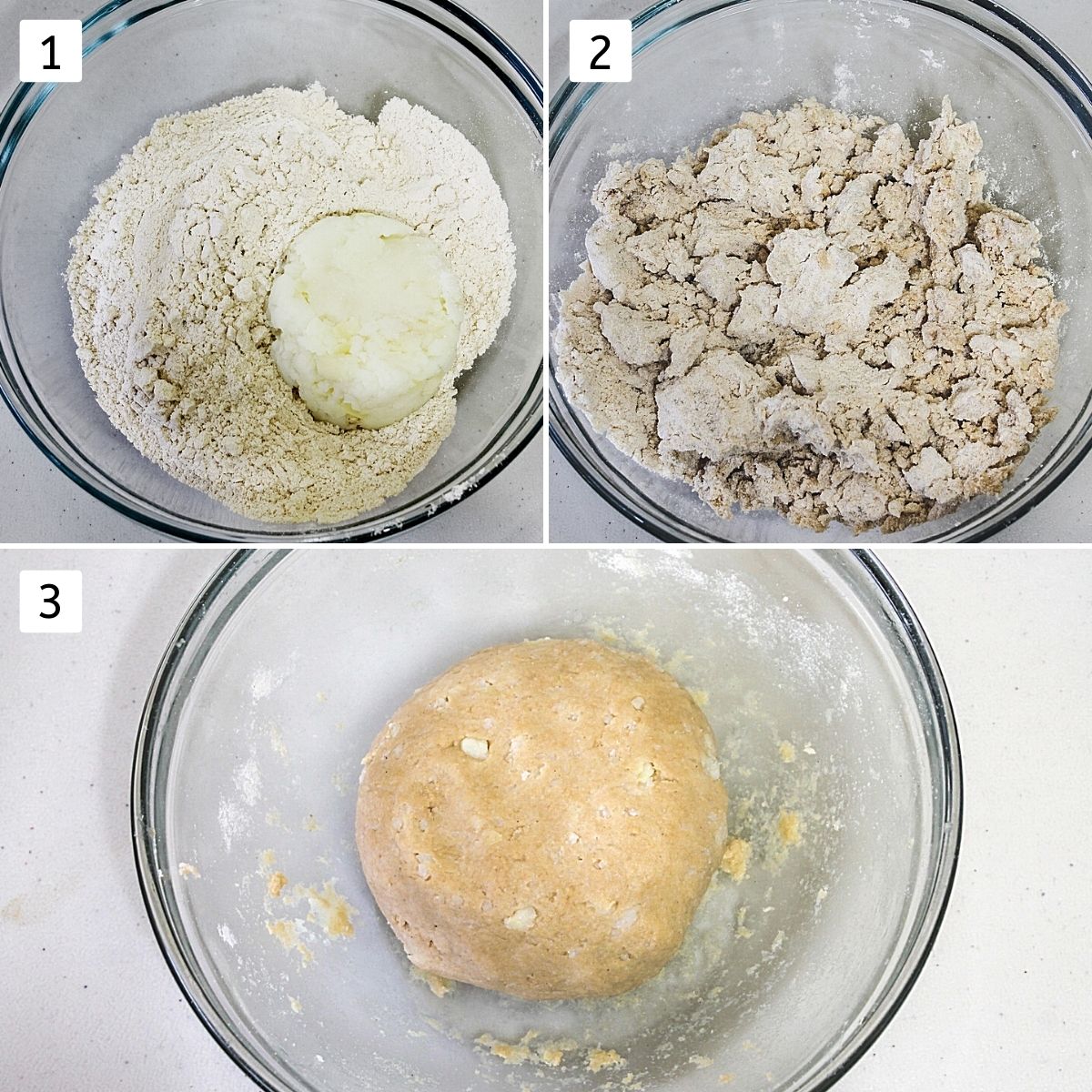 Collage of 3 steps shows flour and mashed potato in a bowl, mixed together and ready dough