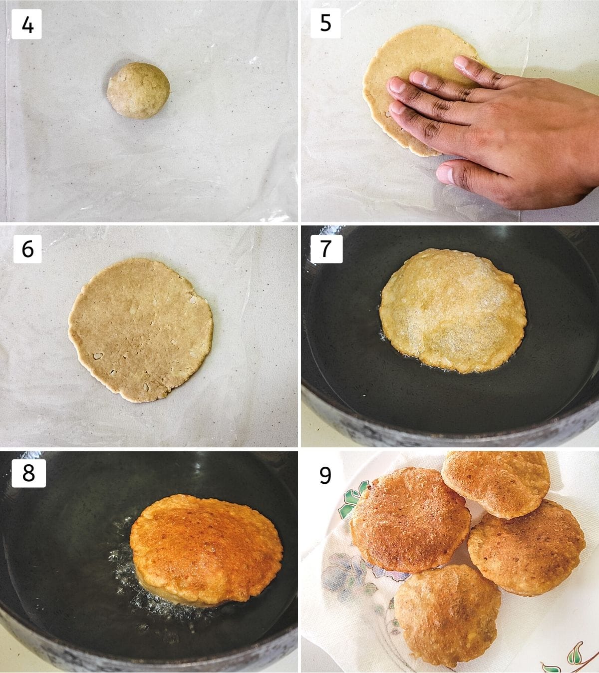 Collage of 6 steps showing small dough ball, patting by hand, rolled puri, added into the oil, flipped, fried puri in a plate