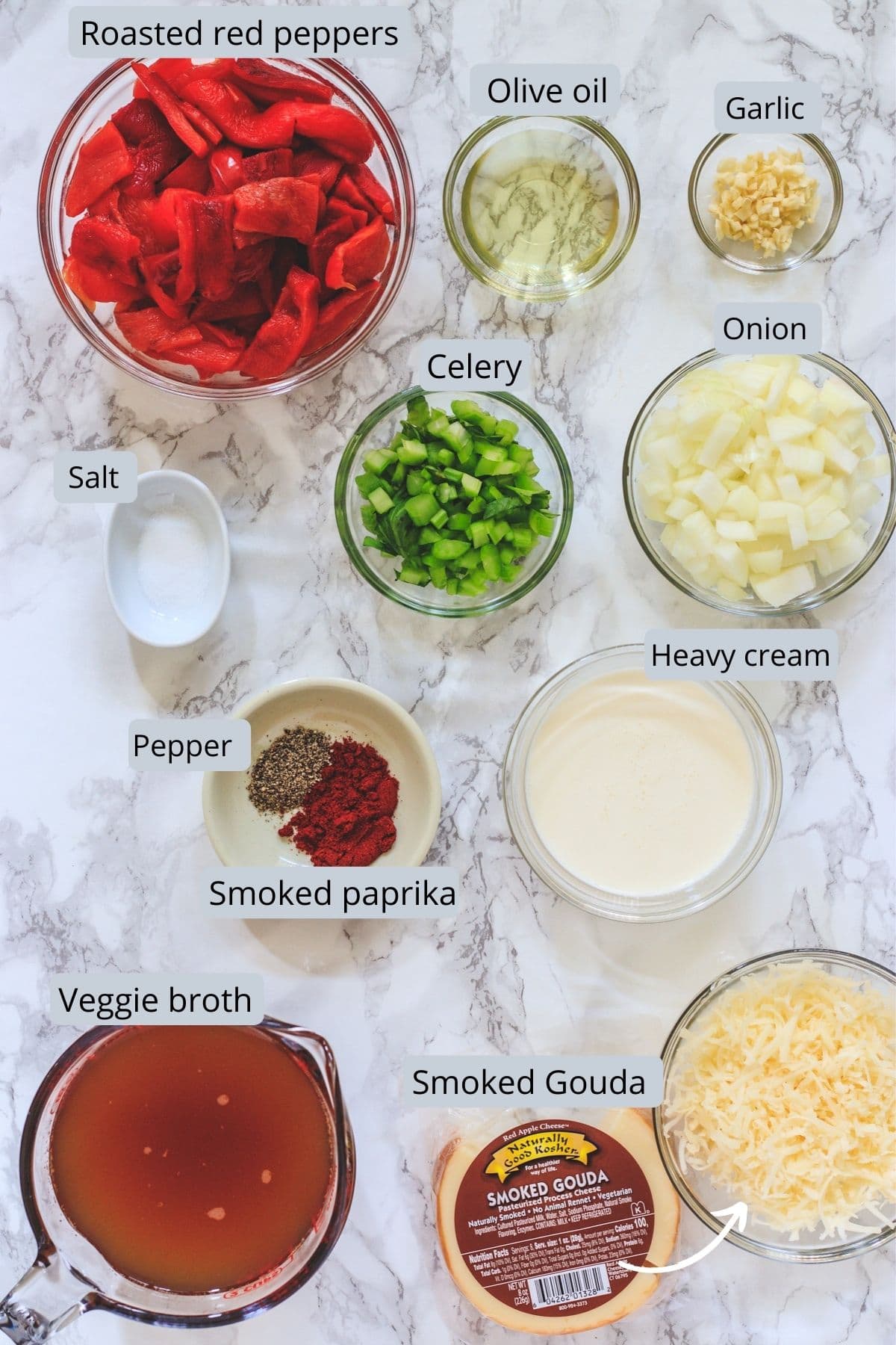 Ingredients used in roasted red pepper soup includes roasted peppers, onion, garlic, celery, salt, pepper, paprika, vegetable stock, cream and gouda.