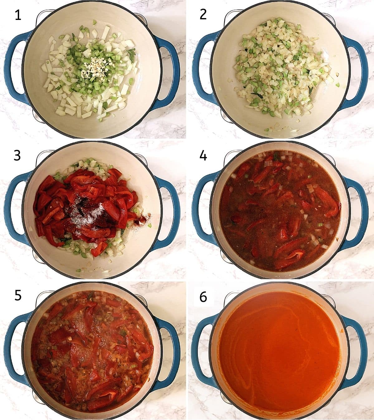 Collage of 6 steps showing adding onion, celery, garlic in oil, cooking, adding roasted peppers, spices, adding stock, simmering, blended soup.