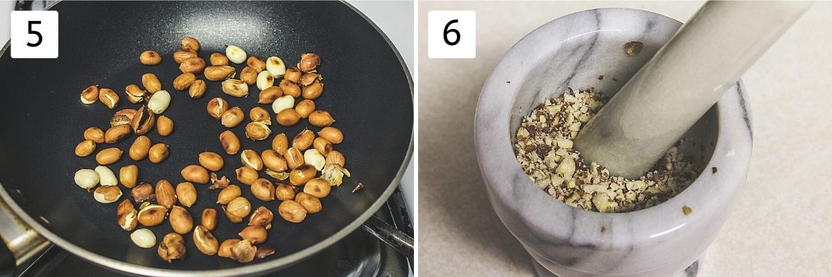 Collage of 2 steps showing roasting peanuts and crushing in mortar and pestle.