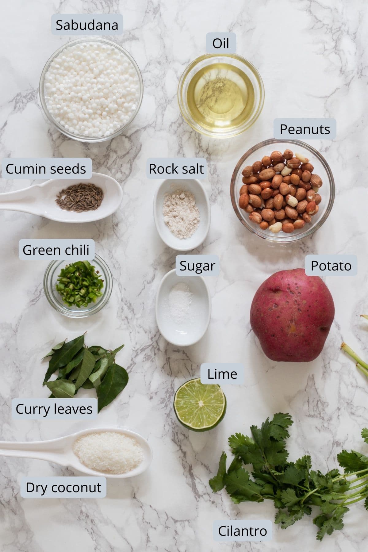 ingredients used in sabudana khichdi includes tapioca, potato, oil, cumin seeds, peanuts, coconut, green chili, curry leaves, salt, sugar, lime and cilantro.
