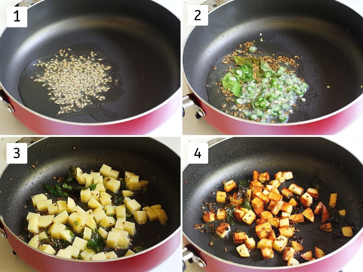 collage of 4 steps showing cumin seeds in the oil, green chili and curry leaves, potatoes added, cooked potatoes