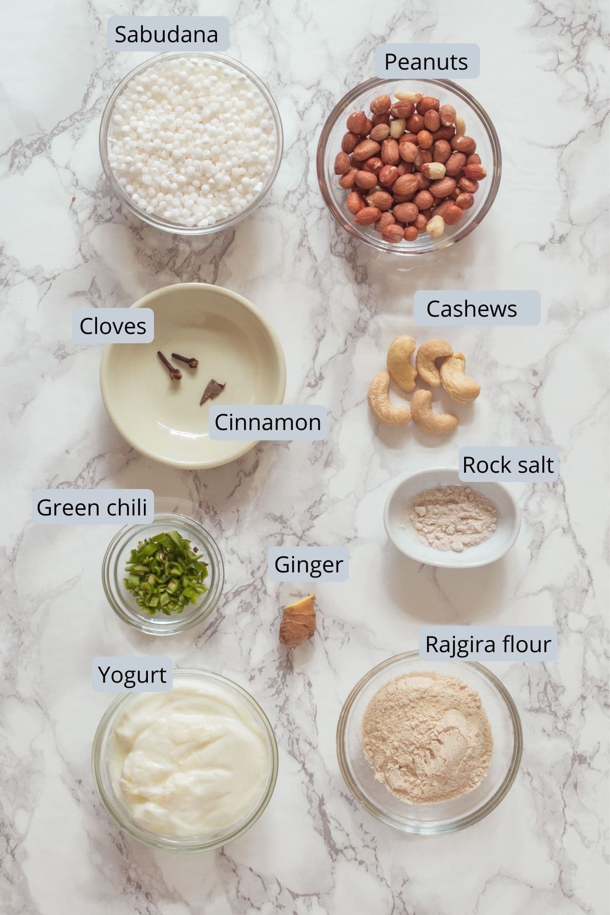 ingredients used in sabudana pakoda includes tapioca, peanuts. salt. cashews. cloves, cinnamon, green chilies, yogurt, rajgira atta.