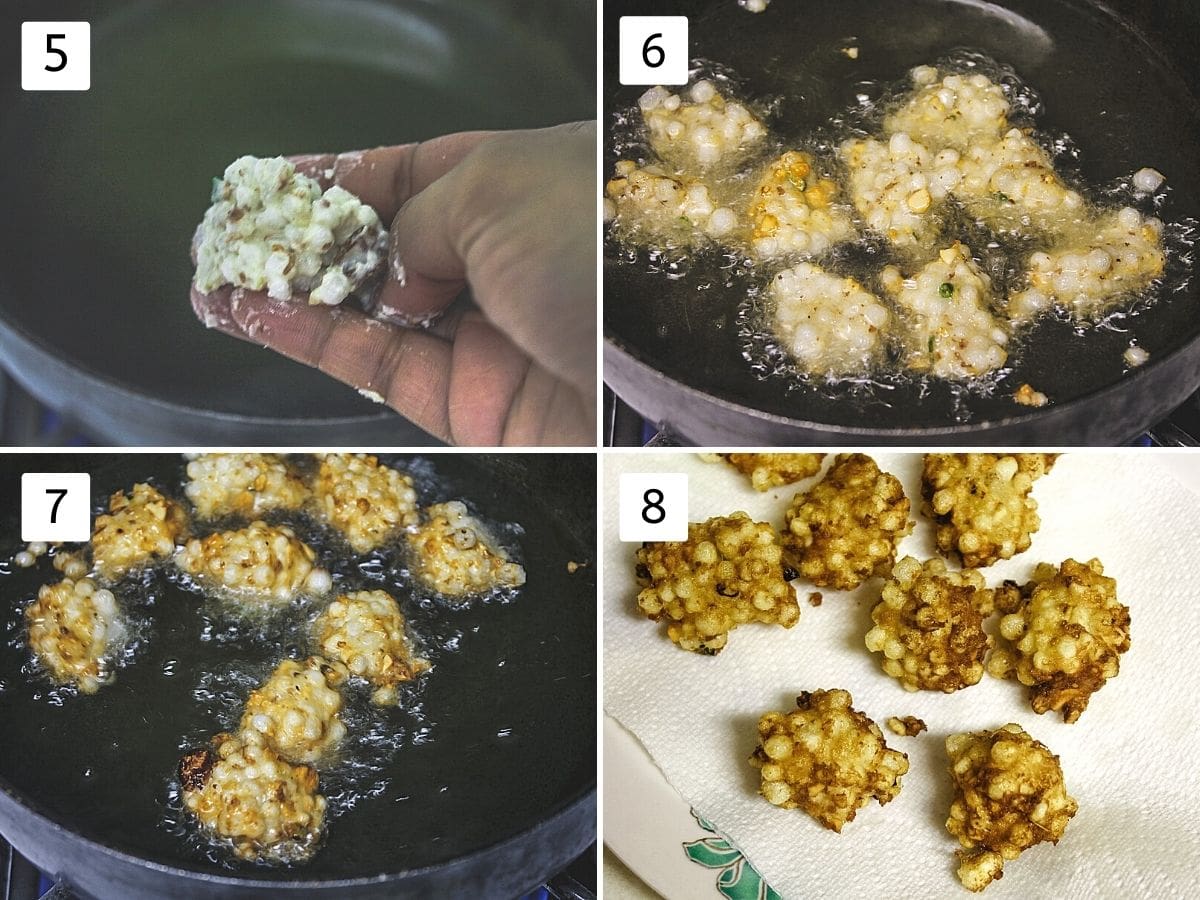 collage of 4 steps showing dropping pakoda into the oil, frying, moving and fried pakoda in a plate