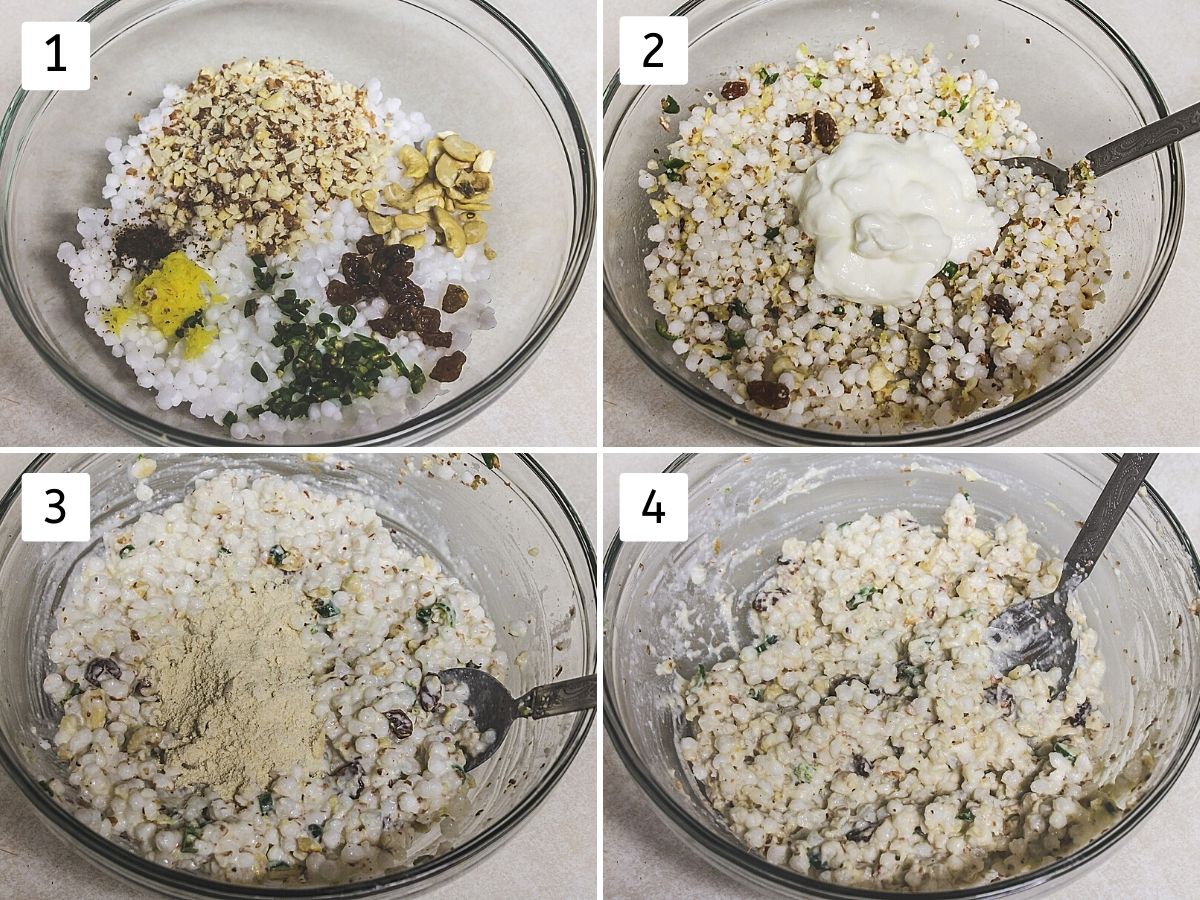 Collage of 4 steps showing, batter ingredients in a bowl, adding yogurt, rajgira atta and ready batter