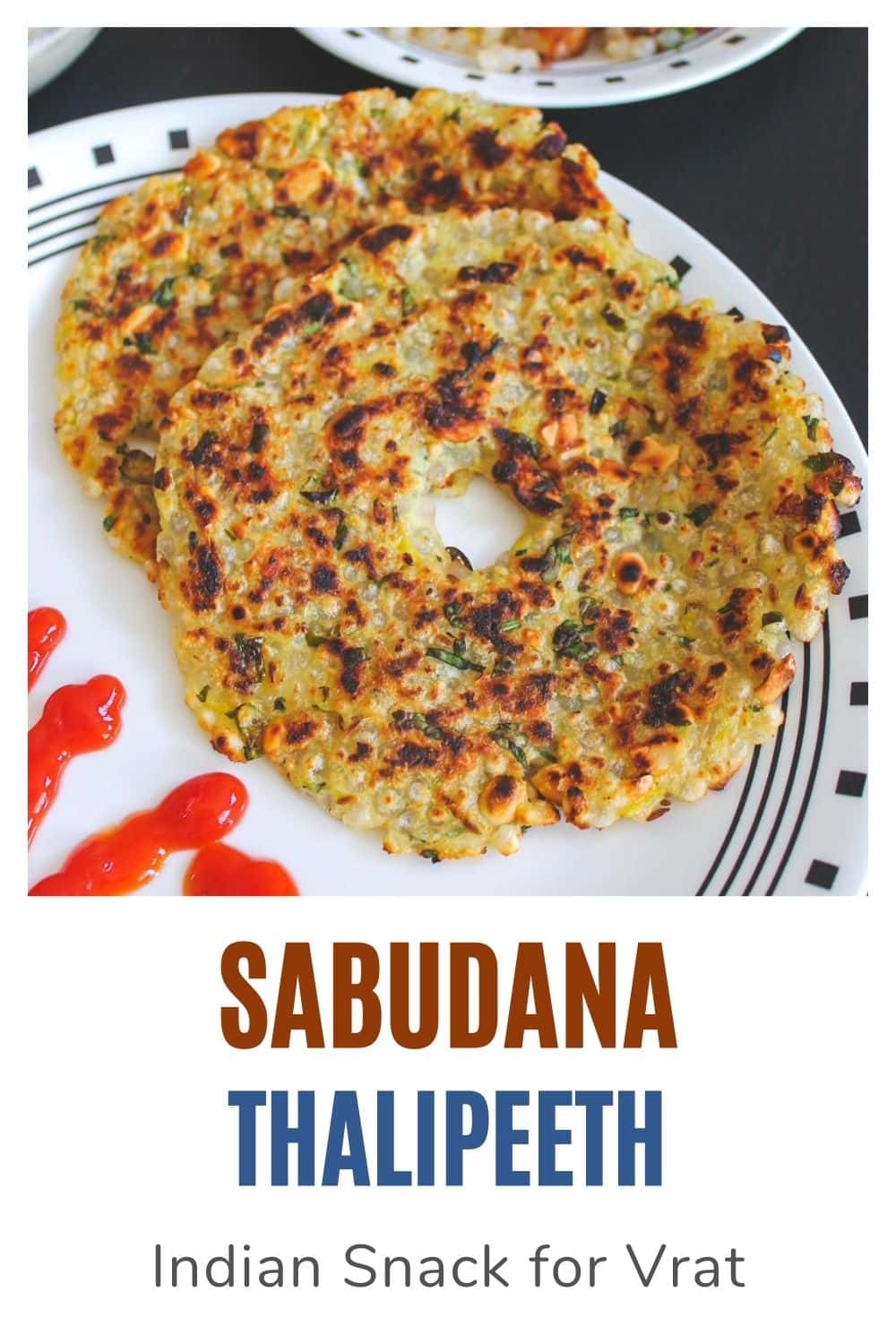 sabudana thalipeeth in a plate with text at the bottom for pinterest