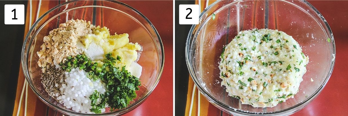 collage of 2 steps showing all ingredients in a bowl and mixed into a dough