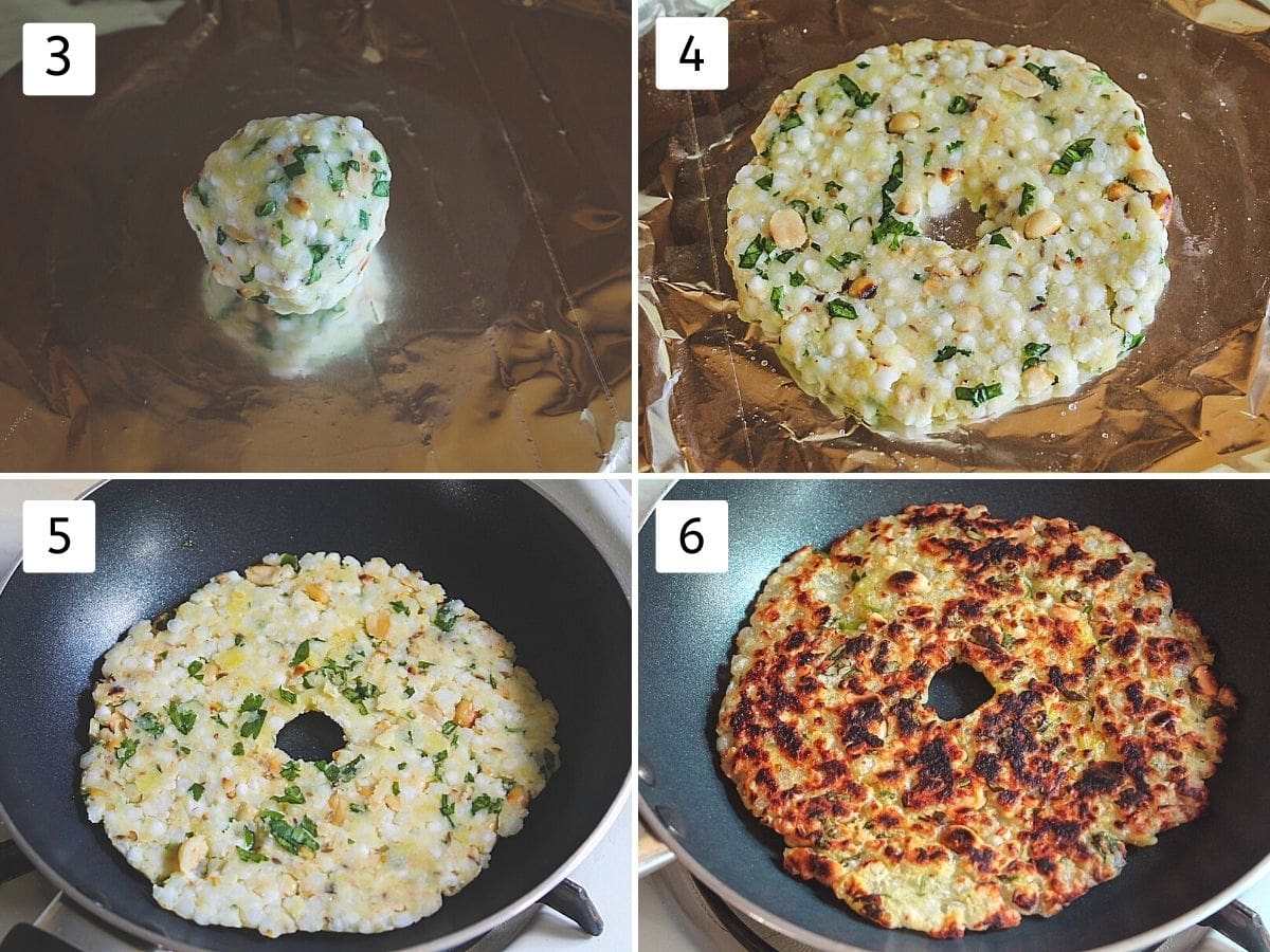 collage of 4 steps showing a small ball, shaped into circle, transfer to the hot pan and cooked thalipeeth