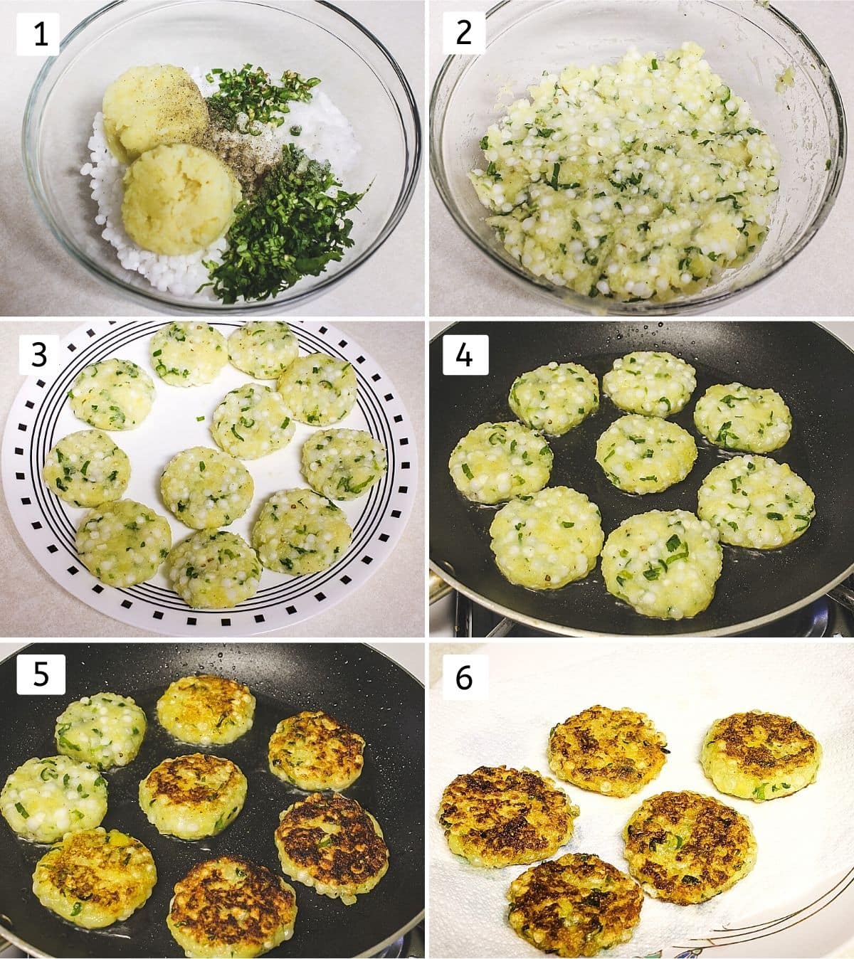 collage of 6 steps showing tikki ingredients in a bowl, mixed to a dough, shaped tikkis, frying, flipped, removed to a plate