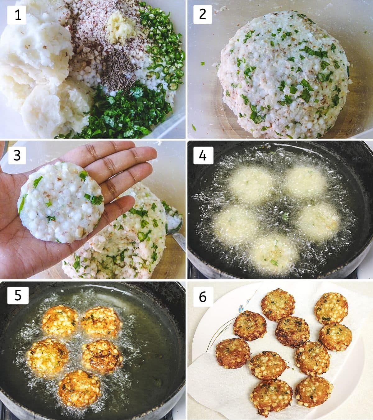 collage of 6 images showing all ingredients in a bowl, dough ball, shaping vada, added into the hot oil, frying, ready vada in a plate