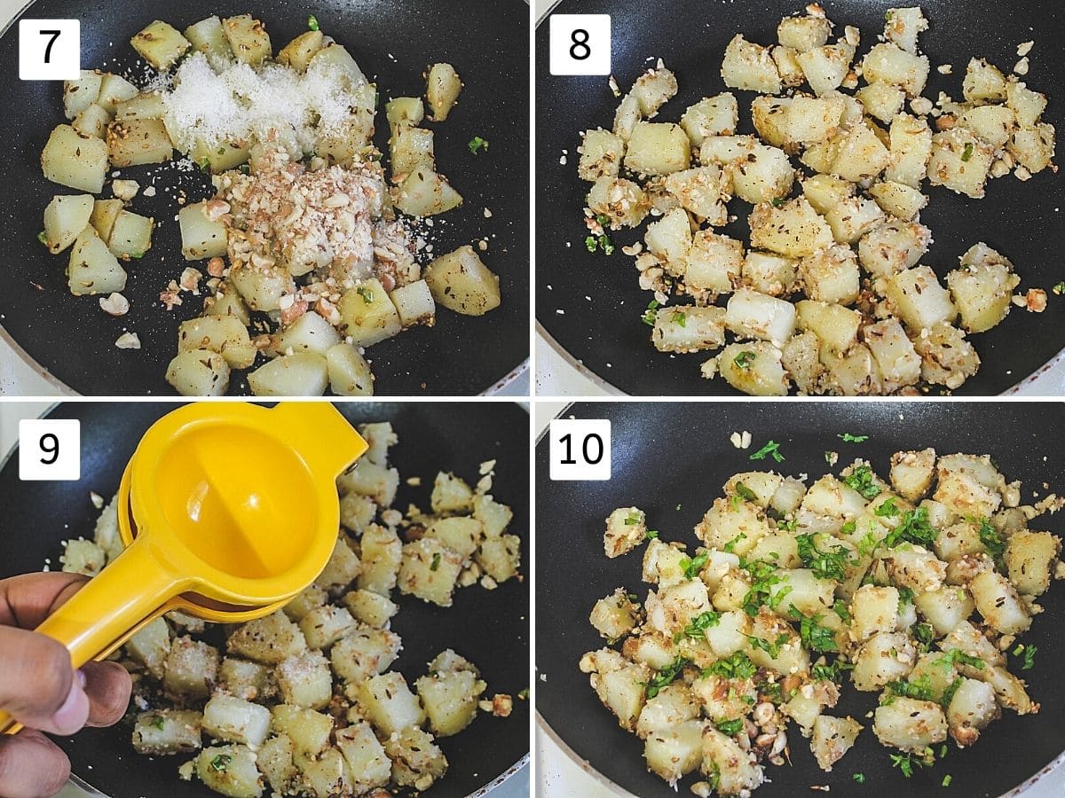 collage of 4 images showing adding peanuts, coconut, mixing, squeezing lemon and garnishing with cilantro