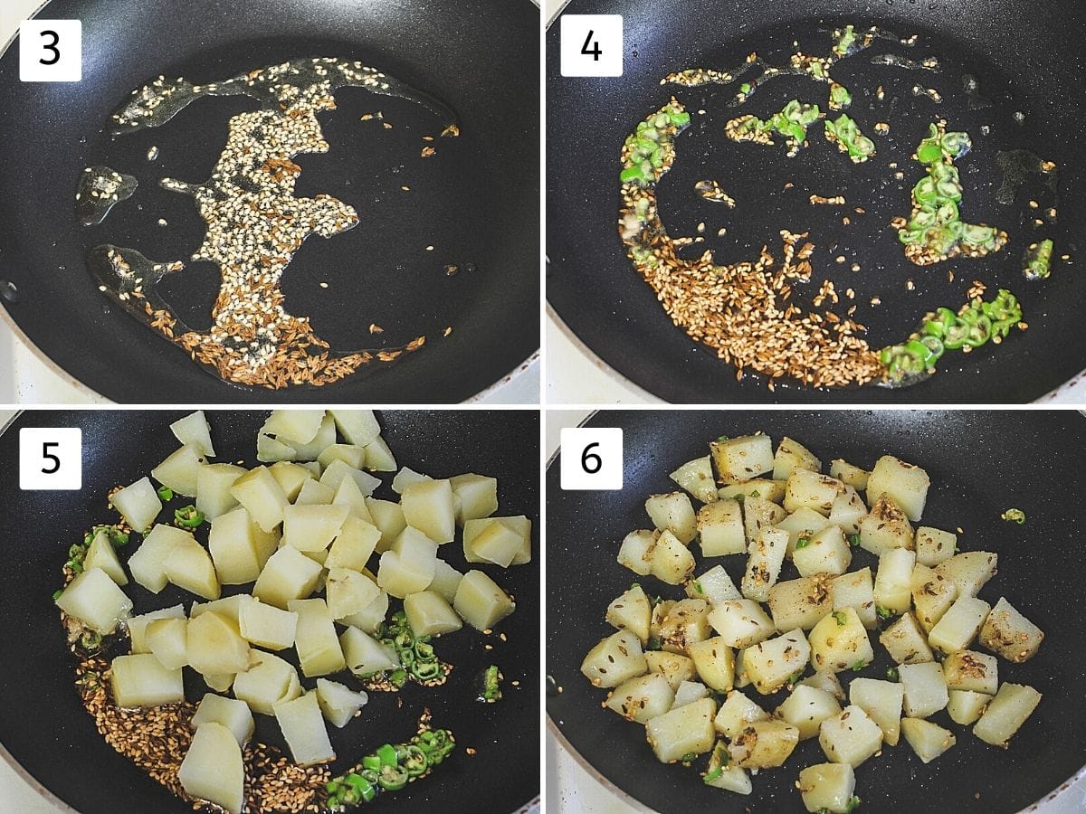 collage of 4 steps showing cumin and sesame seeds in the oil, adding green chilies, adding potatoes and mixing with spices, salt and sugar,