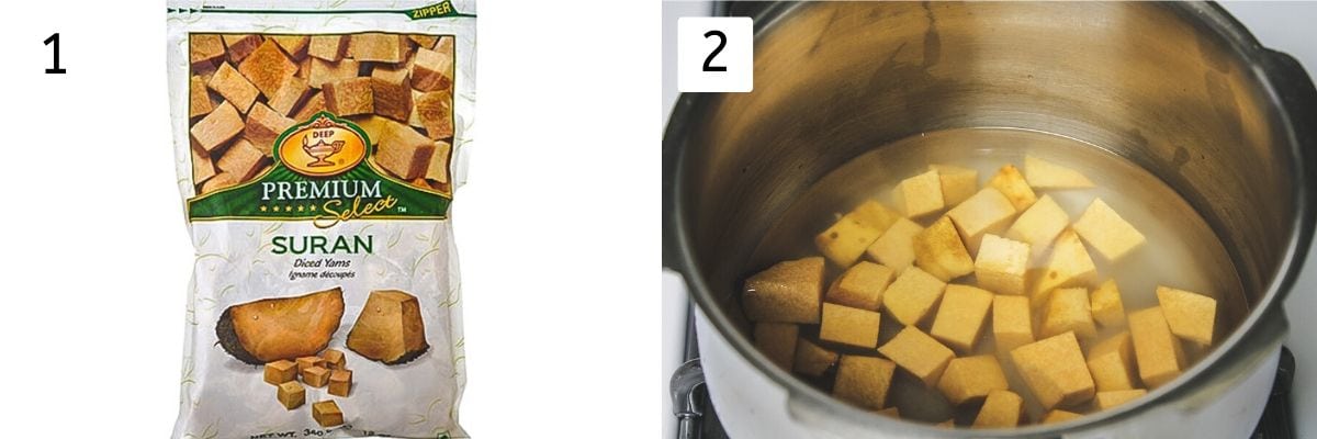 Collage of 2 steps showing frozen suran packet and suran cubes in the cooker with water.