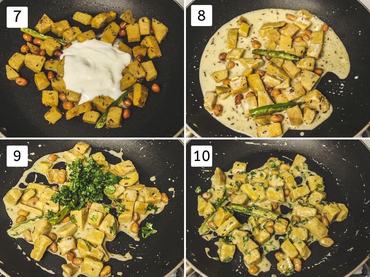 Collage of 4 steps showing adding yogurt, mixing, adding cilantro and ready sabji