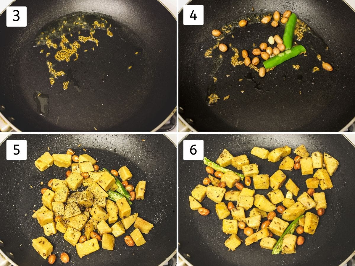 Collage of 4 steps showing cumin seeds in the ghee, adding peanut and green chili, adding boiled suran, salt, pepper and mixed.