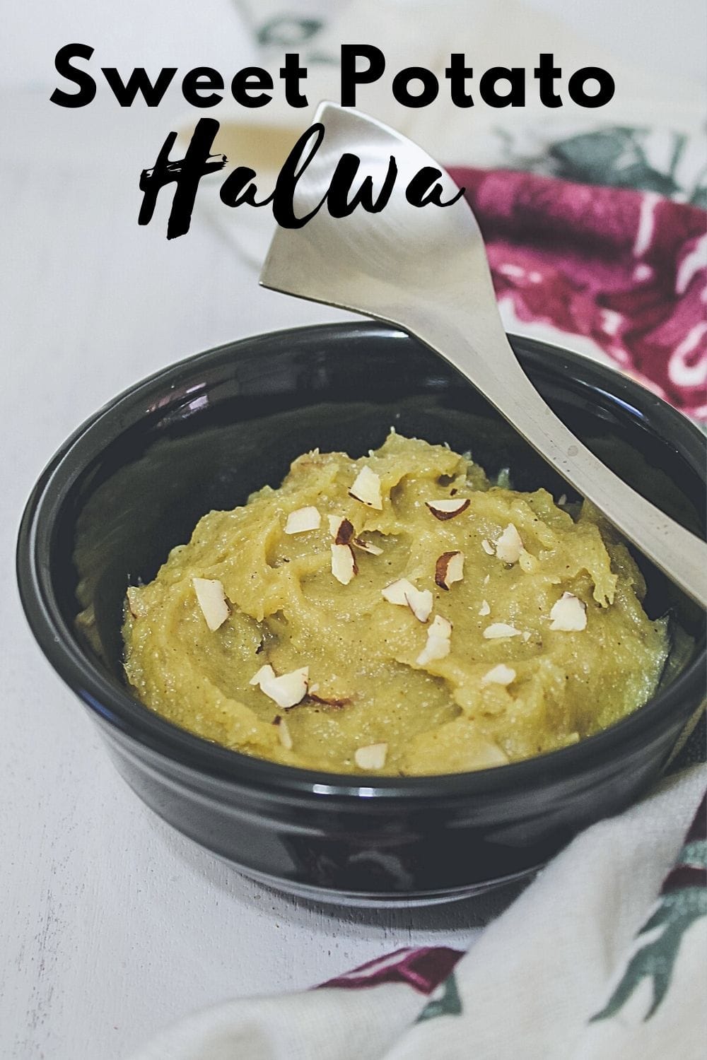 sweet potato halwa in a bowl with text on top of the image for pinterest