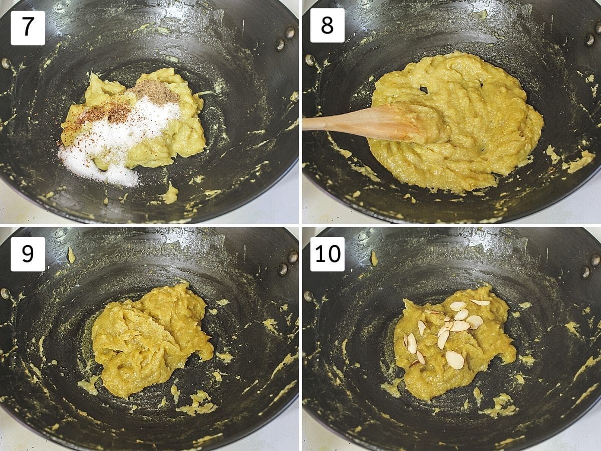 Collage of 4 steps showing adding sugar, mixing, cooked halwa, garnished with almonds,