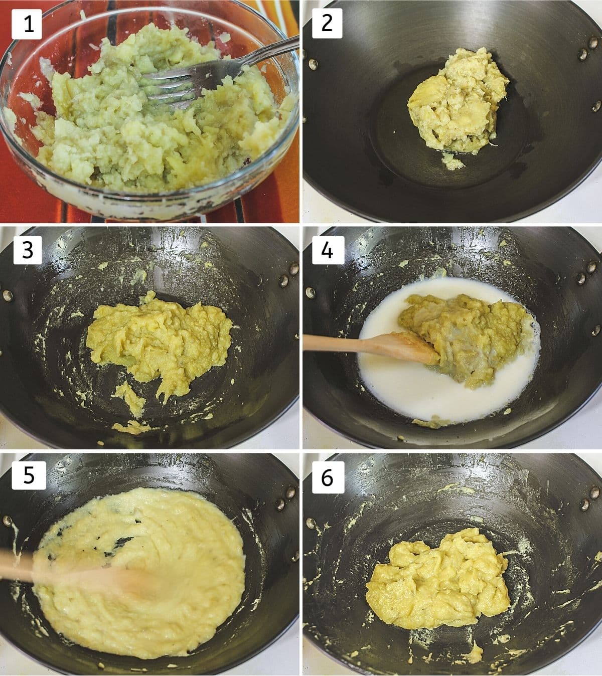 Collage of 6 steps showing mashed sweet potato, added to the ghee, cooked, added milk, stirring and cooked.