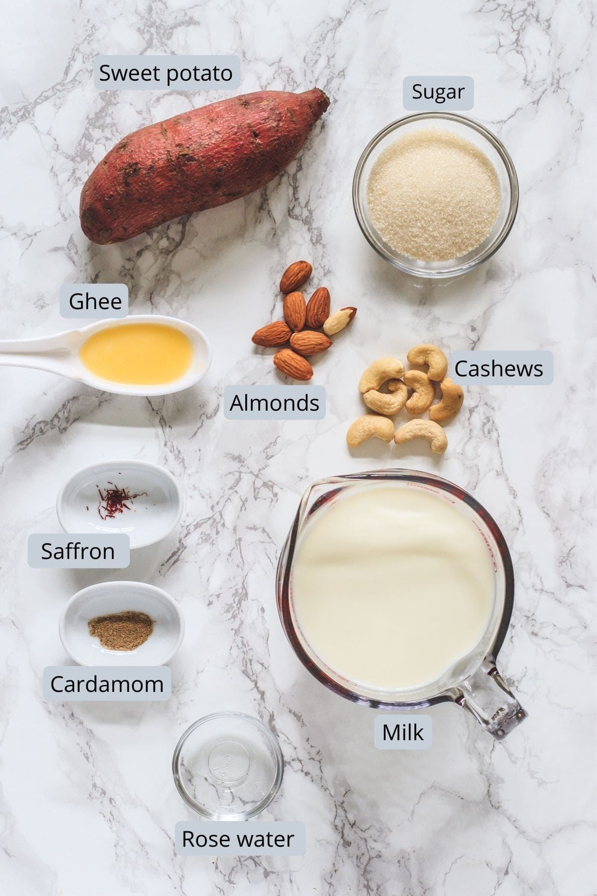 ingredients used in sweet potato kheer includes sweet potato, milk, sugar, ghee, nuts, cardamom, saffron, rosewater