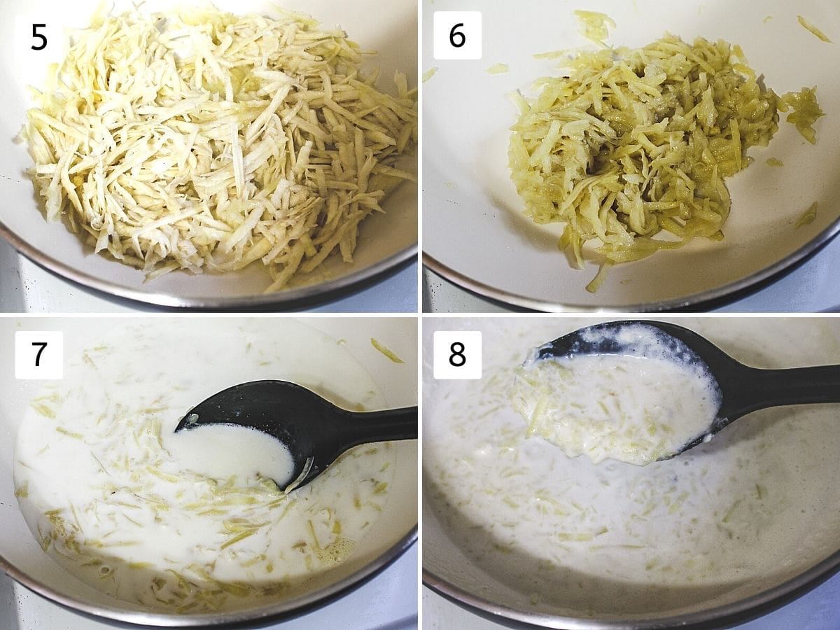 Collage of 4 steps showing adding grated potato, cooked sweet potato, adding milk, cooking mixture