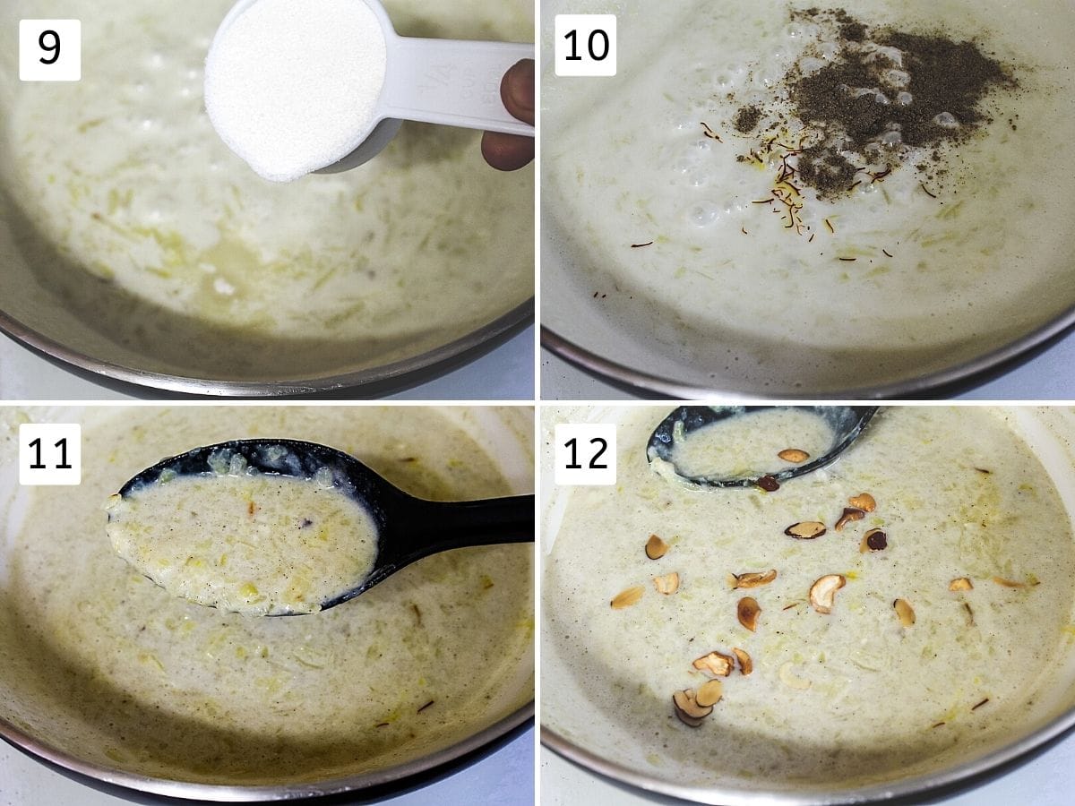 collage of 4 steps showing adding sugar, adding cardamom, saffron, thick kheer, adding nuts