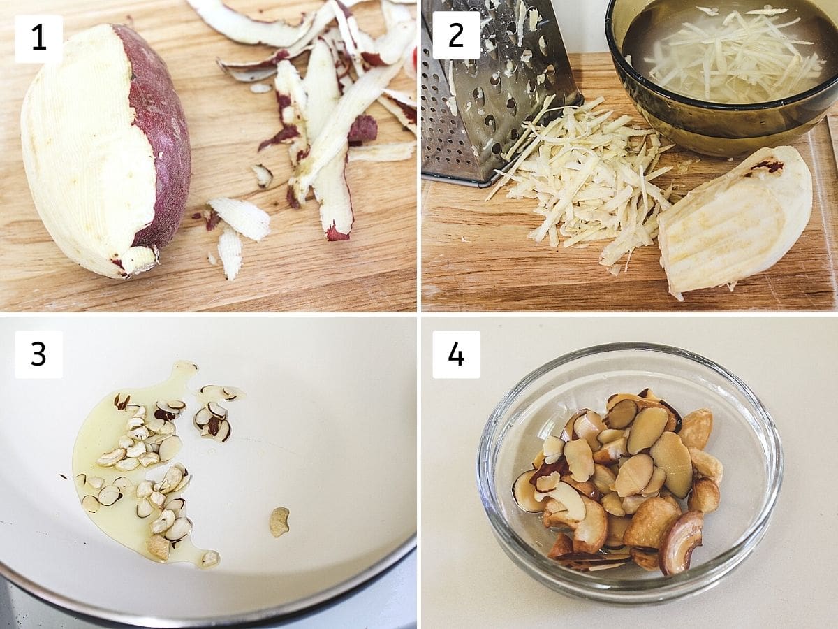 collage of 4 steps showing peeling sweet potato, grating, frying nuts, fried nuts in a bowl