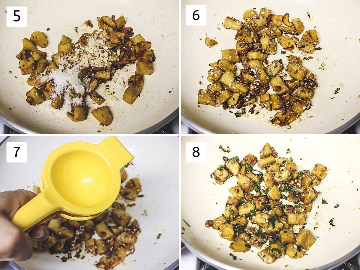 collage of 4 steps showing addition of peanuts and coconut, mixing, adding lemon juice, garnished with cilantro