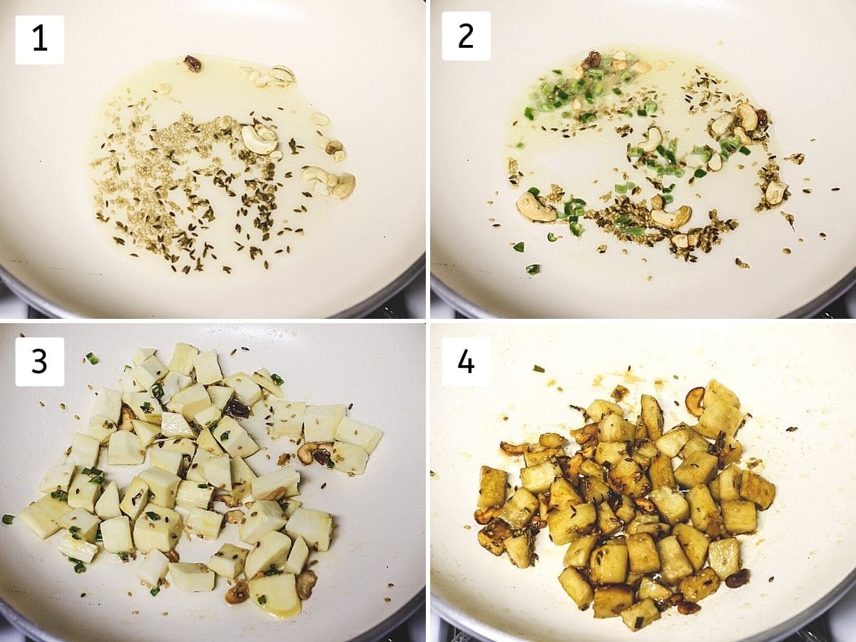 collage of 4 steps showing tempering made in the oil, frying green chilies, adding sweet potato and cooked sweet potatoes