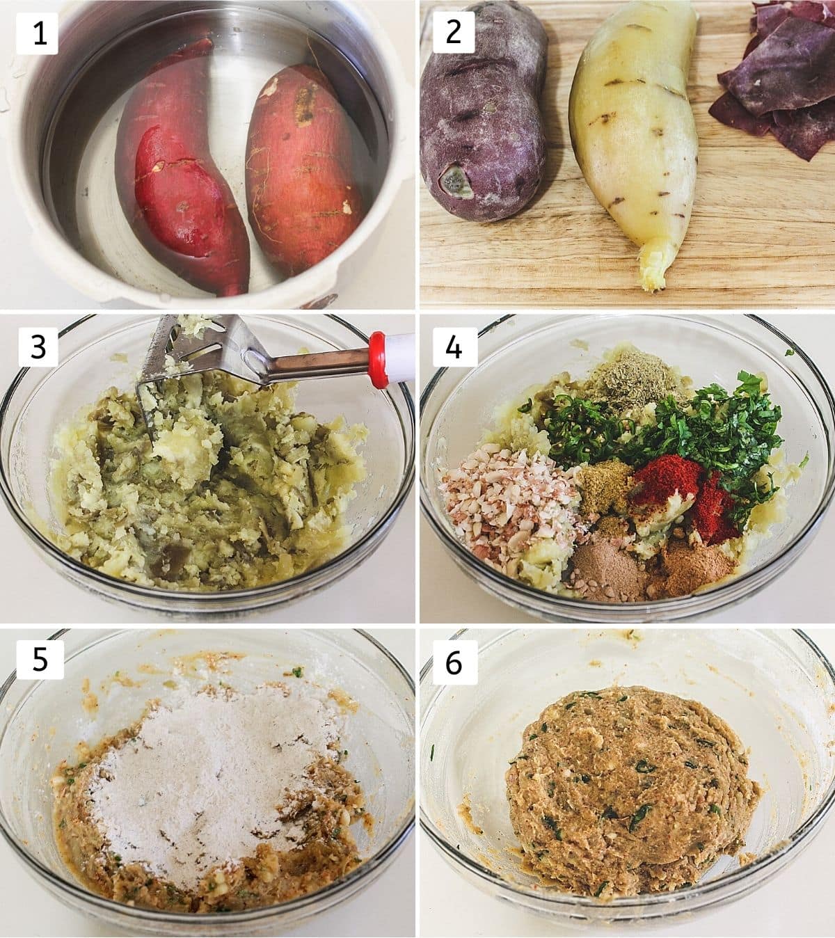 Collage of 6 steps showing sweet potato in a cooker, boiled, peeled, mashed, added spices, added flour and mixed.