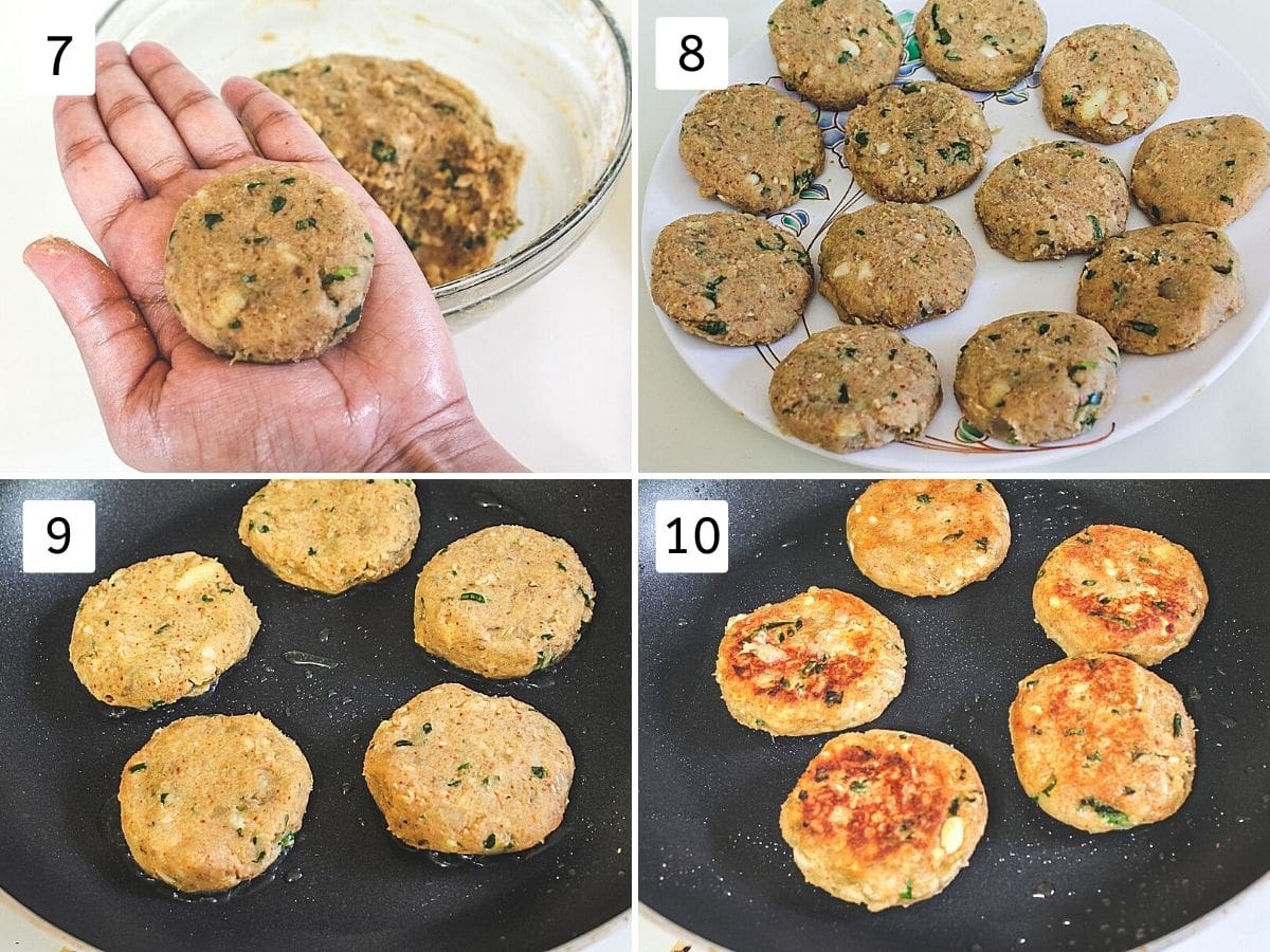 collage of 4 steps showing shaped tikki, all of them on a plate, frying in a pan, flipped.