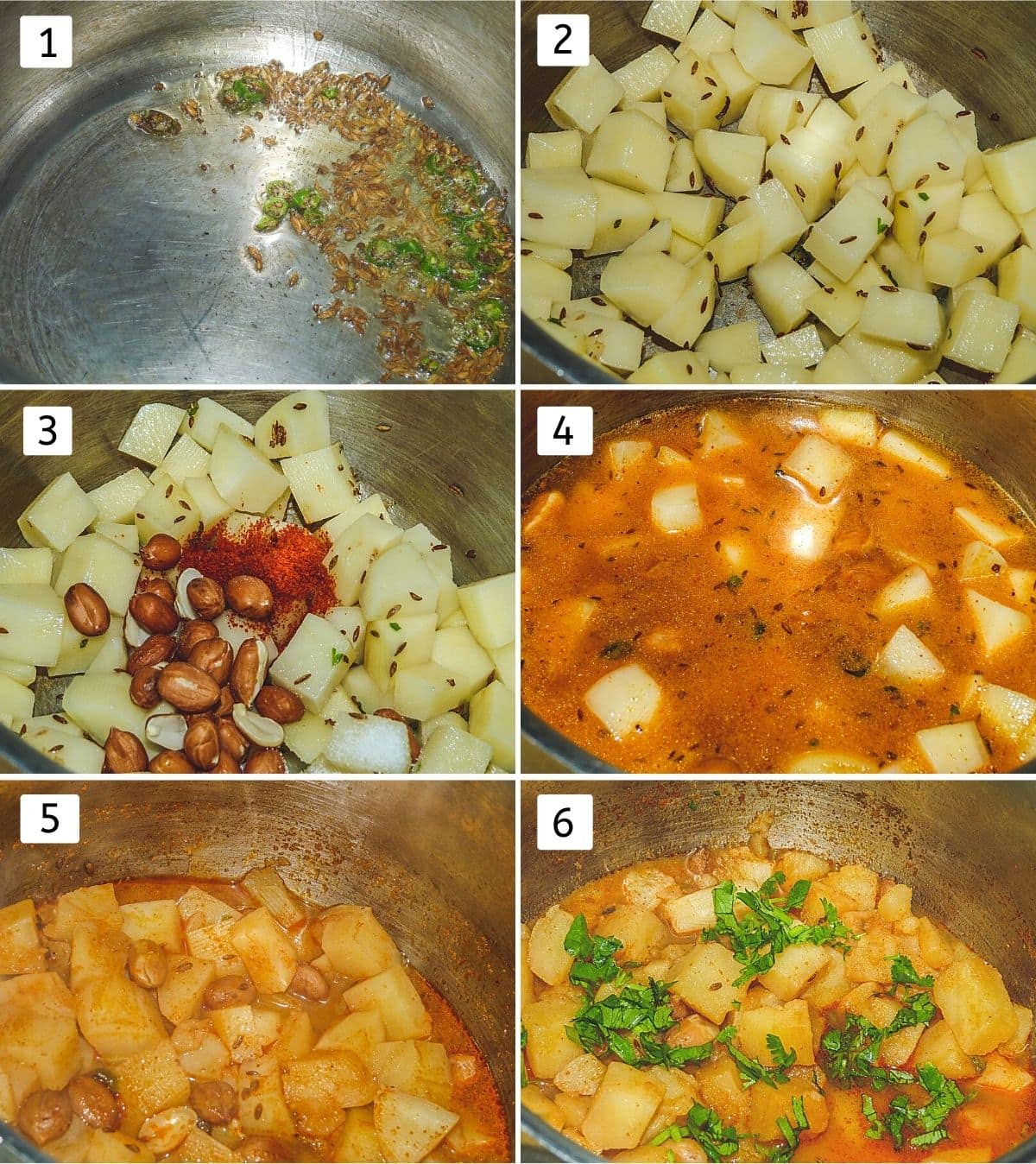 Collage of 6 images showing cumin seeds and chilies in the ghee, added potatoes, peanuts, chili powder, water, pressure cooked, garnish cilantro