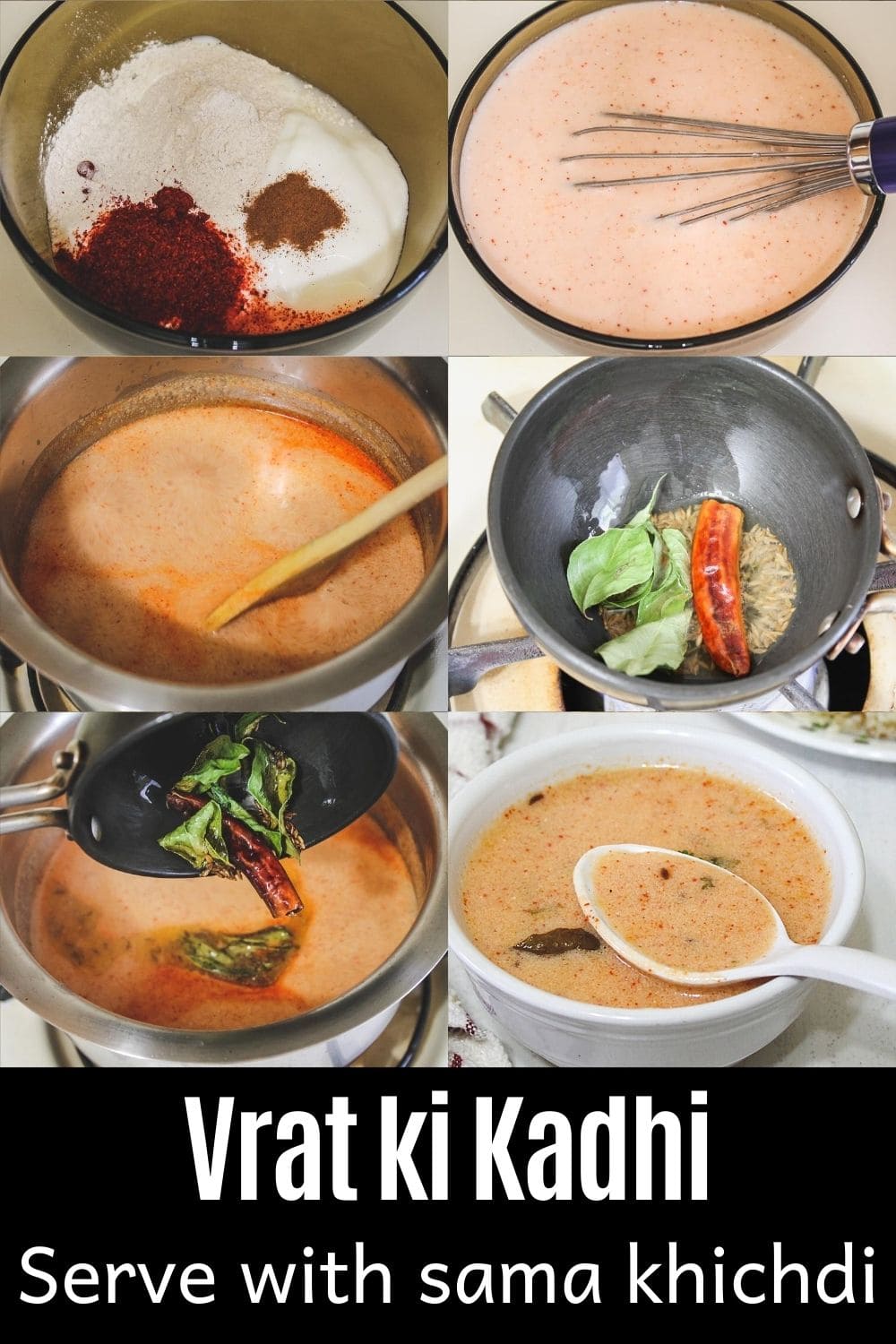 Collage of making vrat ki kadhi steps with text on the image for pinterest.