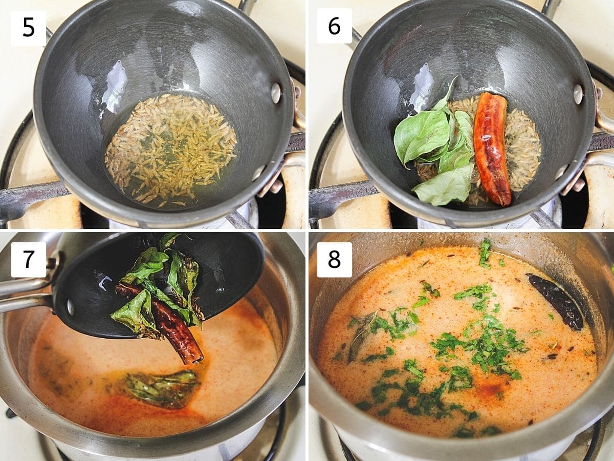 Collage of 4 steps showing making tempering and adding into kadhi.