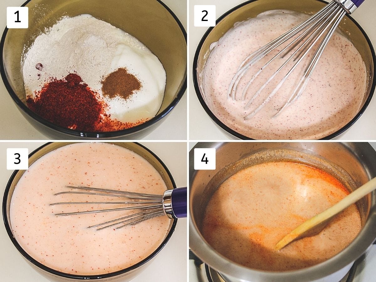 Collage of 4 steps showing kadhi ingredients in a bowl, whisked, water added, taken to the saucepan.