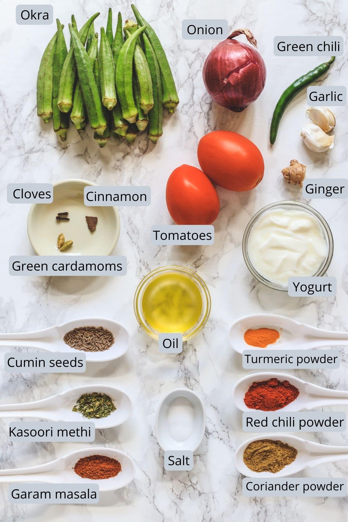 Ingredients used in okra curry includes okra, onion, tomato, ginger, garlic, green chili, yogurt, oil, salt and spices.