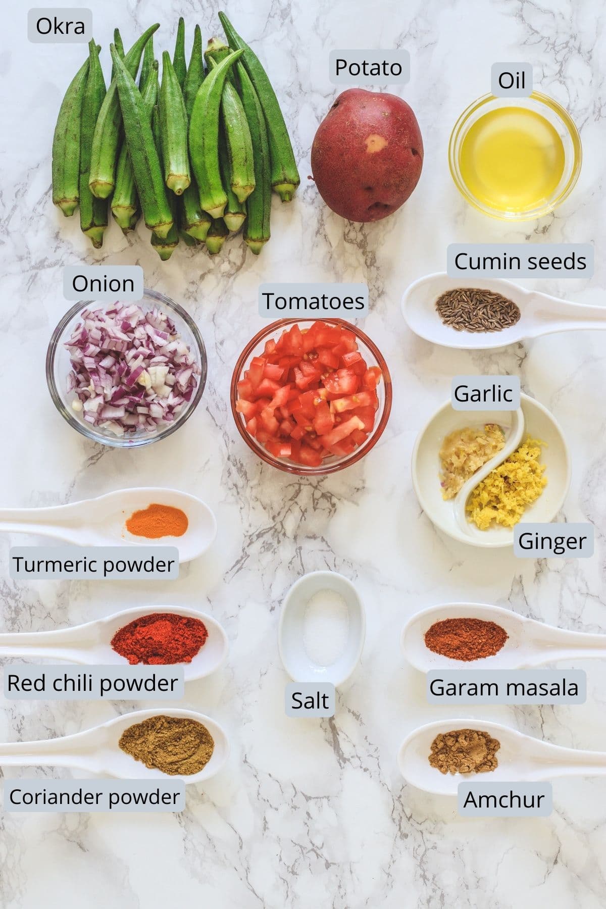 Aloo bhindi recipe ingredients with label on marble surface.