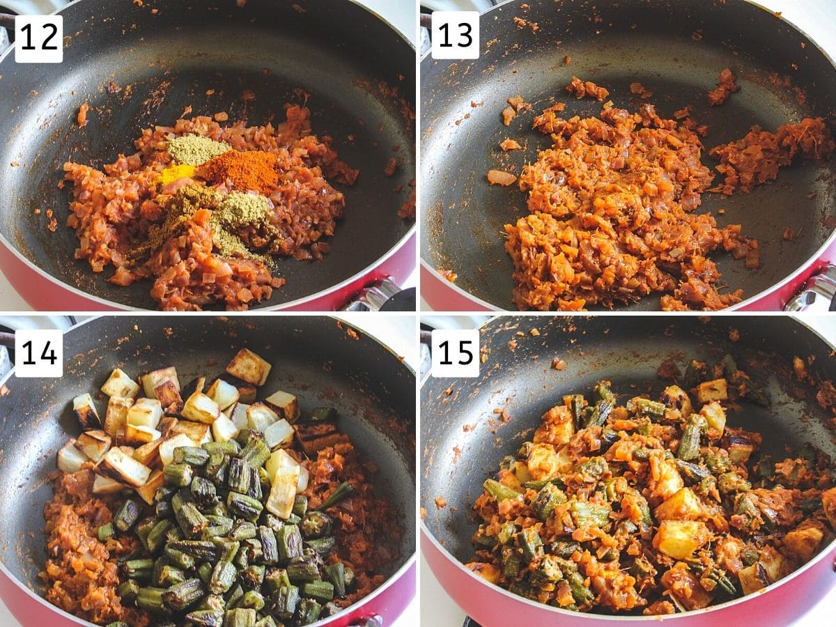 Collage of 4 steps showing, adding spices, mixed, adding cooked bhindi, potatoes, mixed.