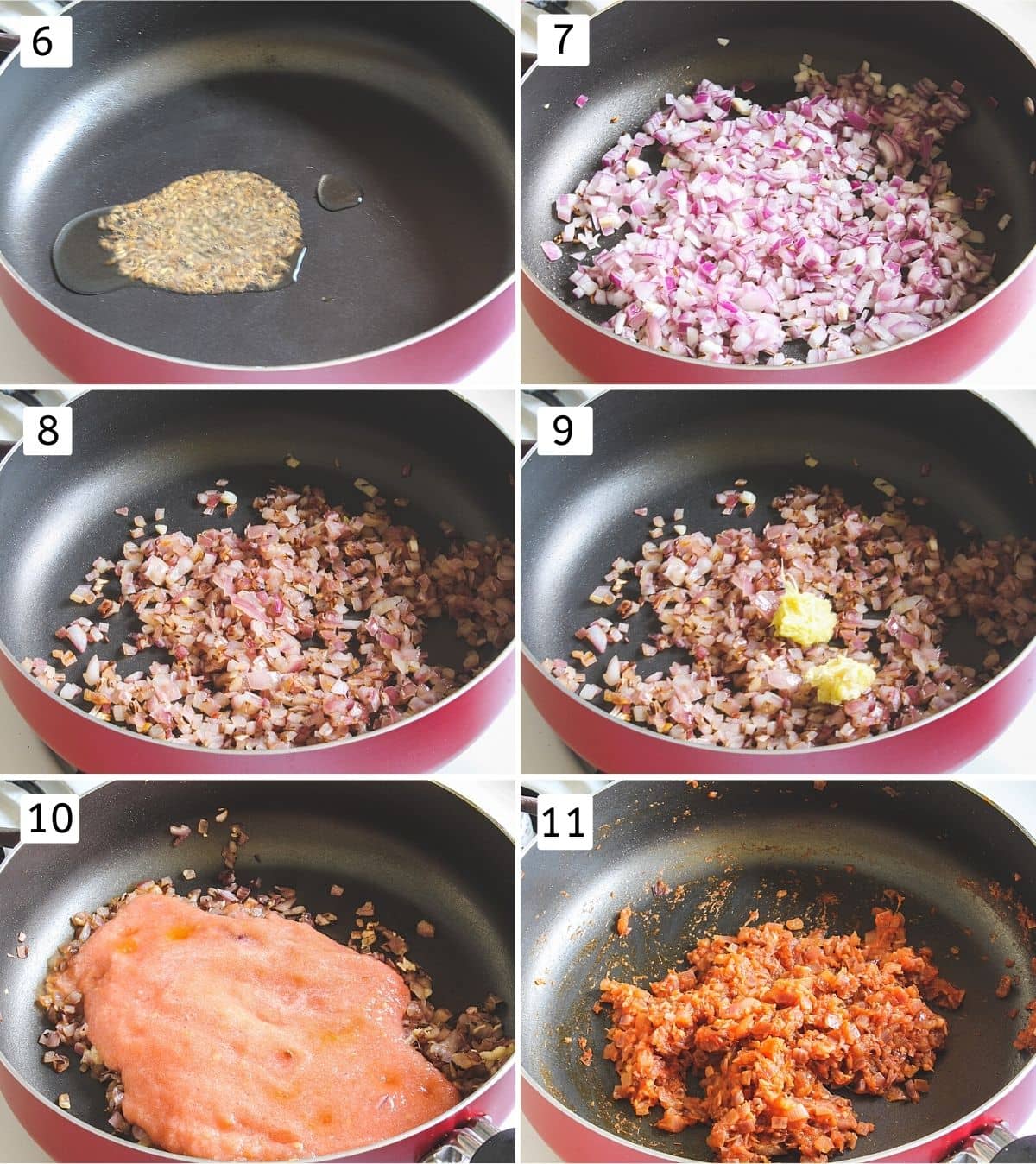 Collage of 6 steps showing cumin seeds in oil, adding onions, cooked onions, adding ginger garlic, adding tomato, cooked.