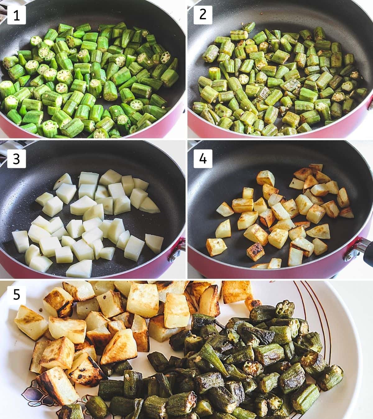 Collage of 5 steps showing okra in the pan, cooked okra, potato cubes in pan, cooked potatoes, both removed to plate.