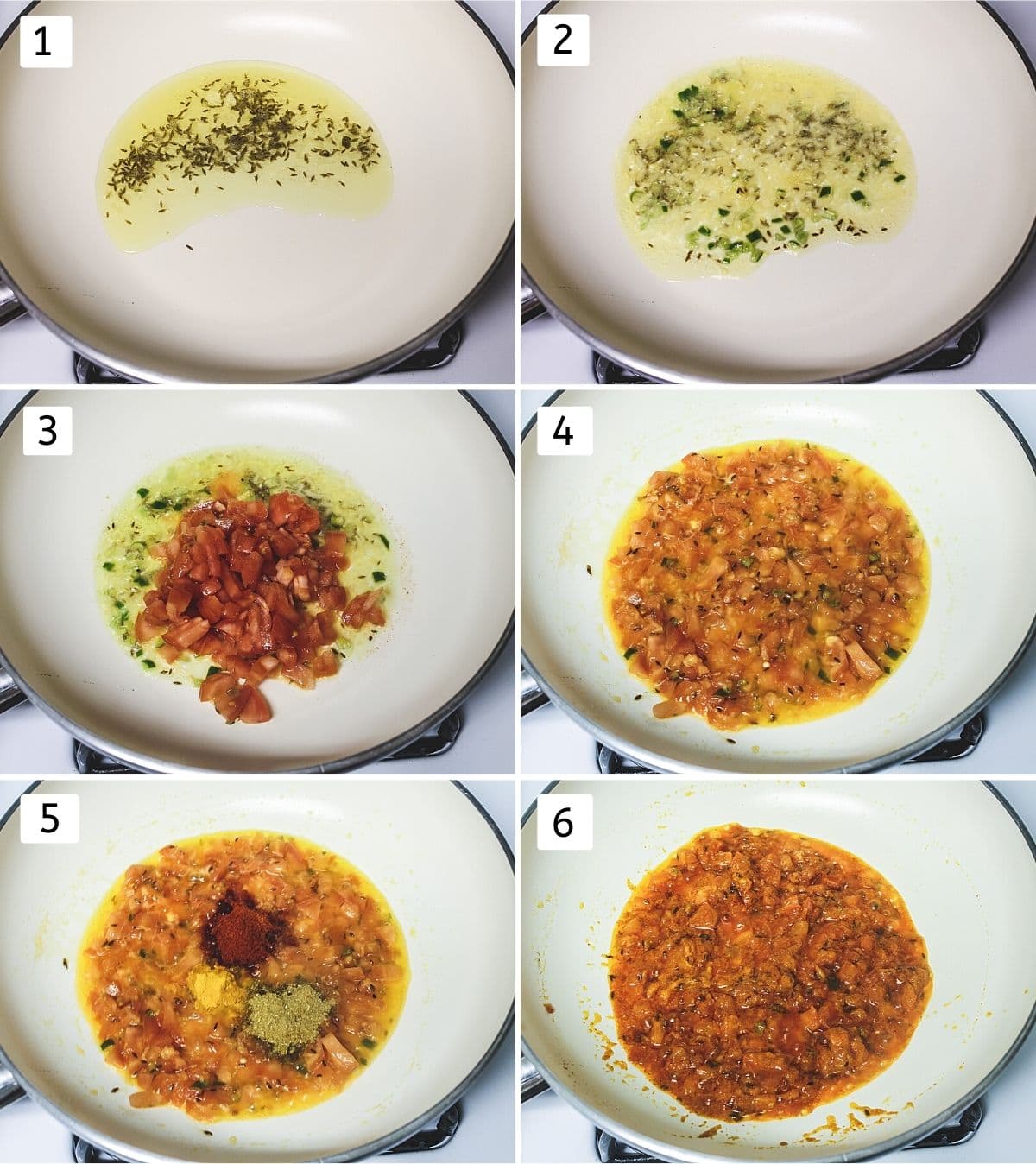 Collage of 6 steps showing adding cumin seeds in oil, adding ginger, green chili, adding tomatoes, cooking, adding spices, mixed.