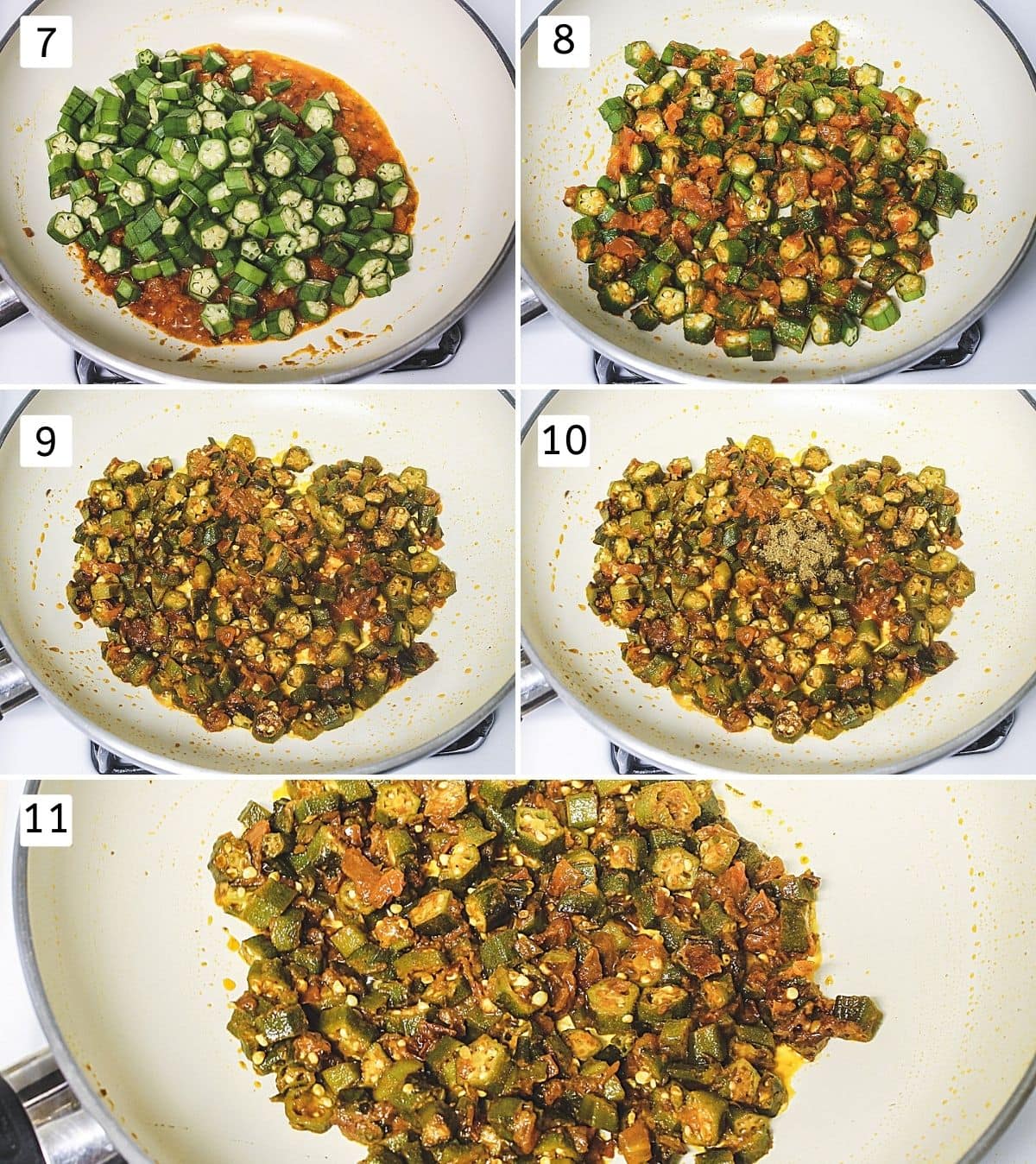 Collage of 5 steps showing adding okra, mixed, cooked, adding garam masala, mixed.