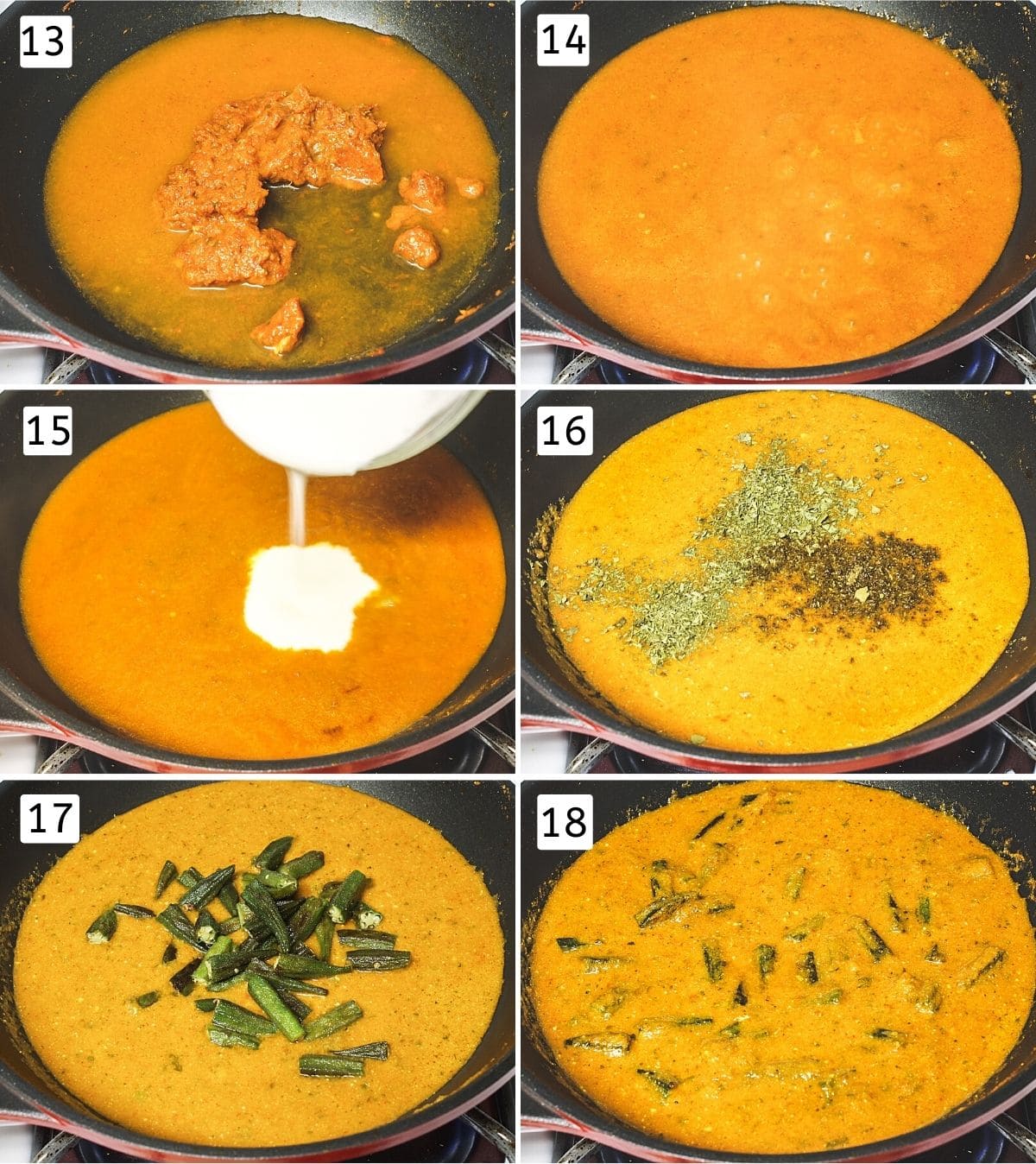 Collage of 6 steps showing adding water, simmering, adding yogurt, adding garam masala, adding cooked okra, mixed.