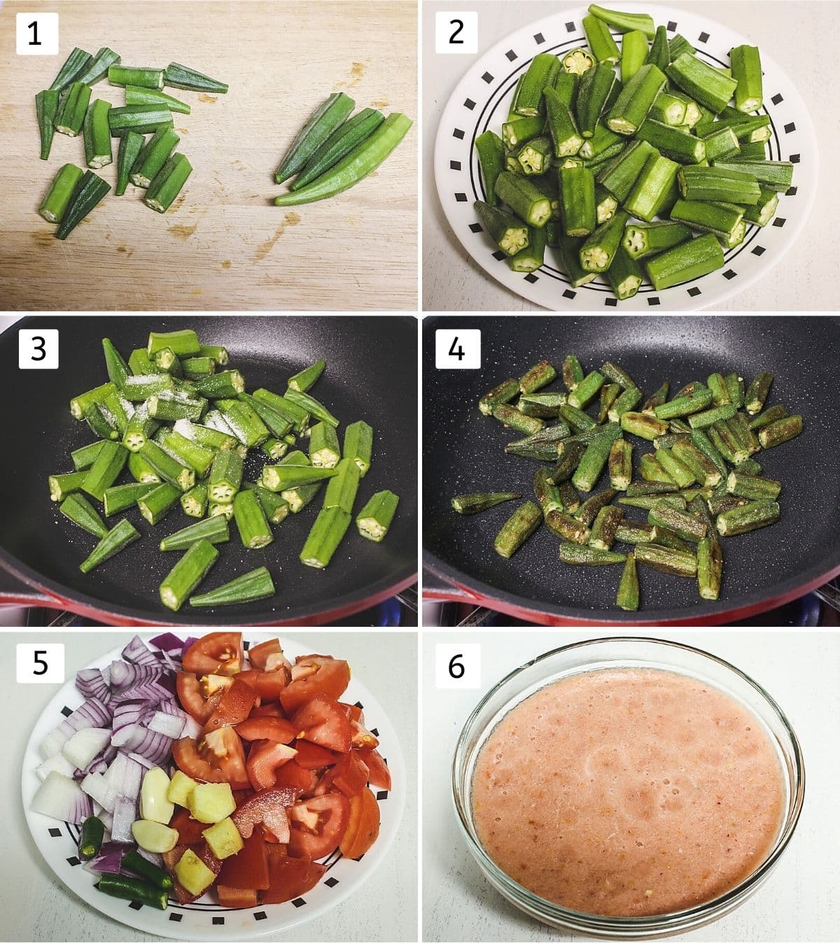 Collage of 6 steps showing cutting okra, cut okra in a plate, cooking okra, gravy ingredients in plate, ground into paste.