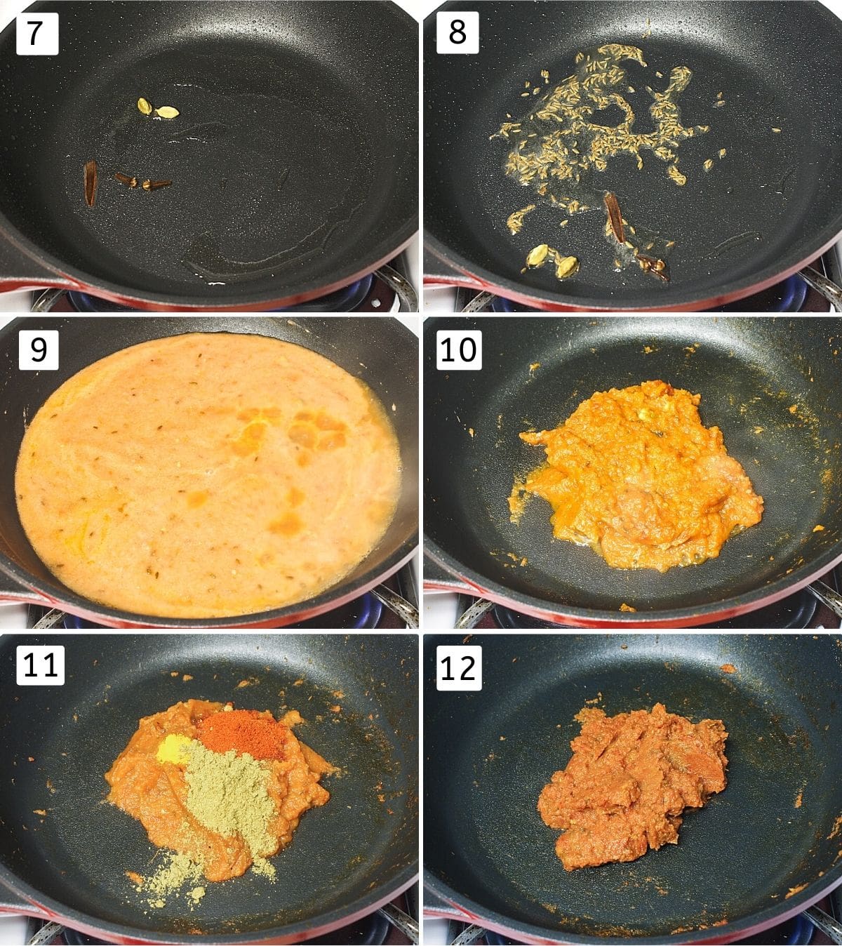 Collage of 6 steps showing whole spices in oil, adding cumin seeds, adding paste, cooked, adding spices, mixed.