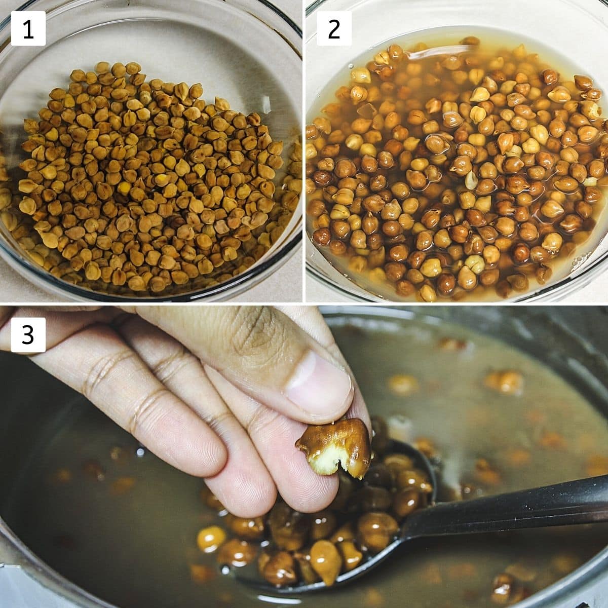 Collage of 3 steps showing kala chana in water, soaked overnight, boiled chana.